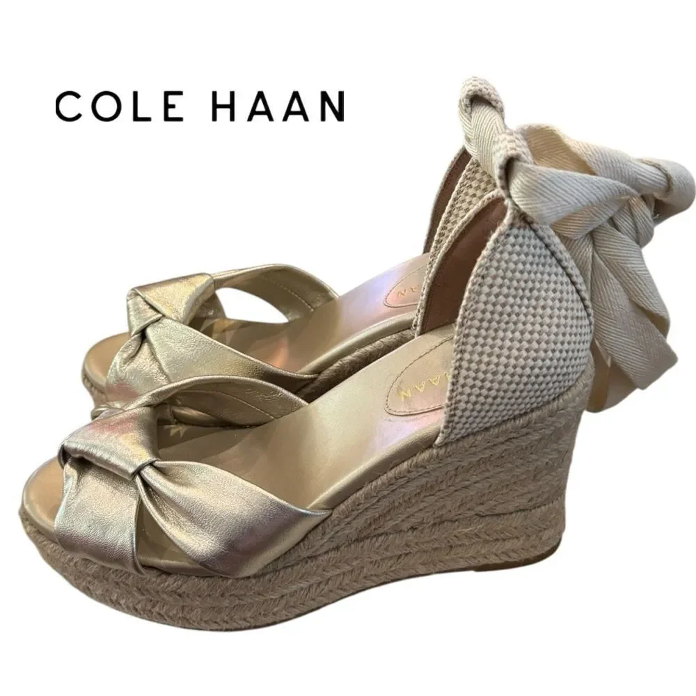 Cole Haan Women's Cloudfeel Hampton Ankle Tie Gold Natural Wedge Sandals 7.5